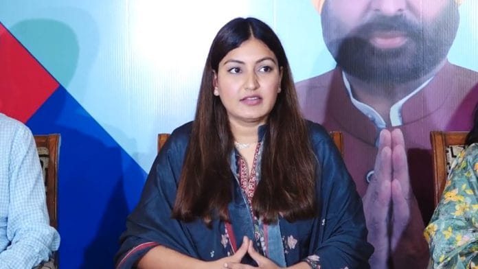 Punjab minister & AAP leader Anmol Gagan Maan addressing press conference in Chandigarh, Wednesday | Twitter @AnmolGaganMann