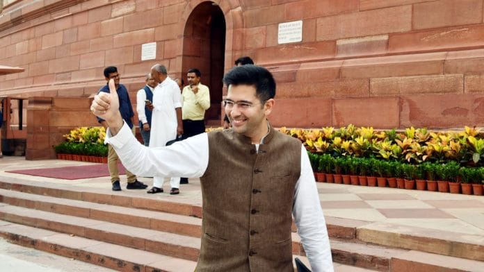 Aam Aadmi Party (AAP) MP Raghav Chadha at Parliament | ANI file photo