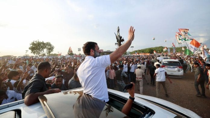 Congress leader Rahul Gandhi during a public meeting in Khammam, Telangana | Photo: ANI