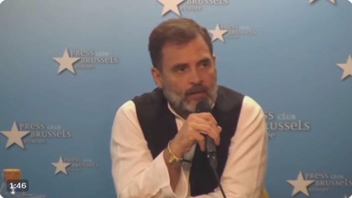 A screengrab from Congress leader Rahul Gandhi's media interaction Friday at Brussels Press Club | X/@INCIndia
