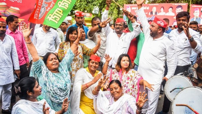 Samajwadi Party supporters celebrate the party's victory in Ghosi bypolls in Lucknow | Photo: ANI