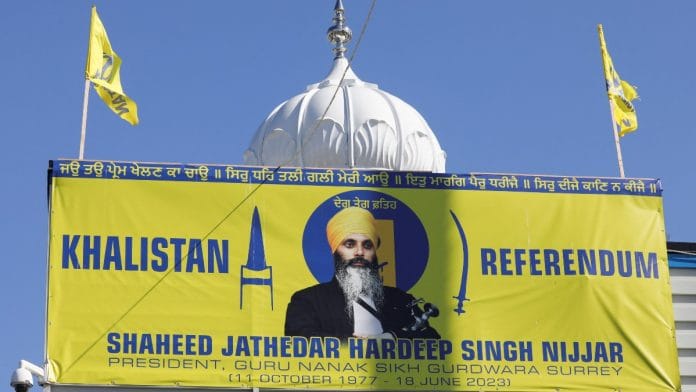 File photo: A sign outside the Guru Nanak Sikh Gurdwara in 2023 after the killing of Sikh separatist leader Hardeep Singh Nijjar in Surrey, British Columbia, Canada | Reuters