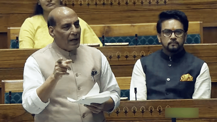 Defence Minister Rajnath Singh speaks in Lok Sabha Thursday | ANI Photo/SansadTV