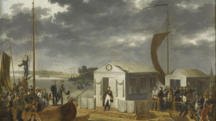 Meeting of the emperors in a pavilion set up on a raft in the middle of the Nieman River, 1807 | Adolphe Roehn/Wikimedia Commons