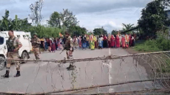 Security personnel at a barricade in Manipur's Tengnoupal district | By Special Arrangement
