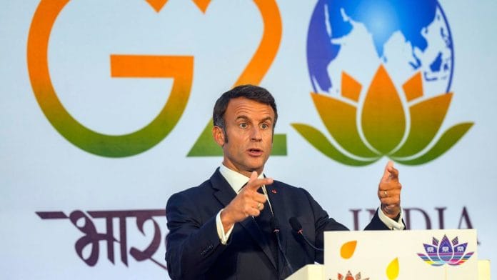 French President Emmanuel Macron addressing a press conference on the sidelines of the G20 Summit at Bharat Mandapam, in New Delhi | PTI photo