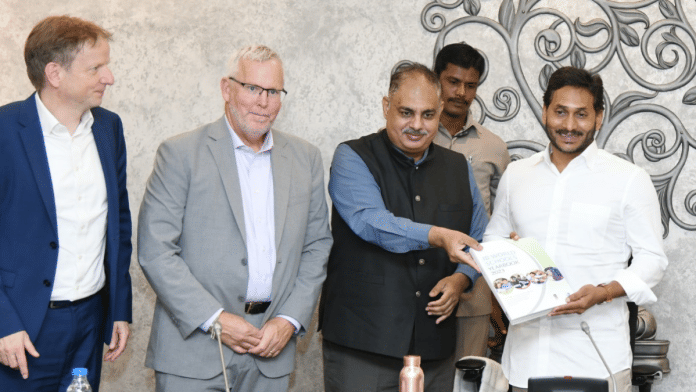Andhra Pradesh CM Y.S. Jagan Mohan Reddy (extreme right) at the signing of agreement by senior officials of school education department and executives of International Baccalaureate | Pic courtesy: X/@BotchaBSN