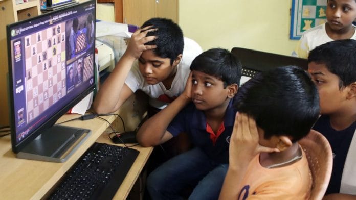 Young chess players in Chennai watching the R Praggnanandhaa vs Magnus Carlsen final at the FIDE World Cup | ANI