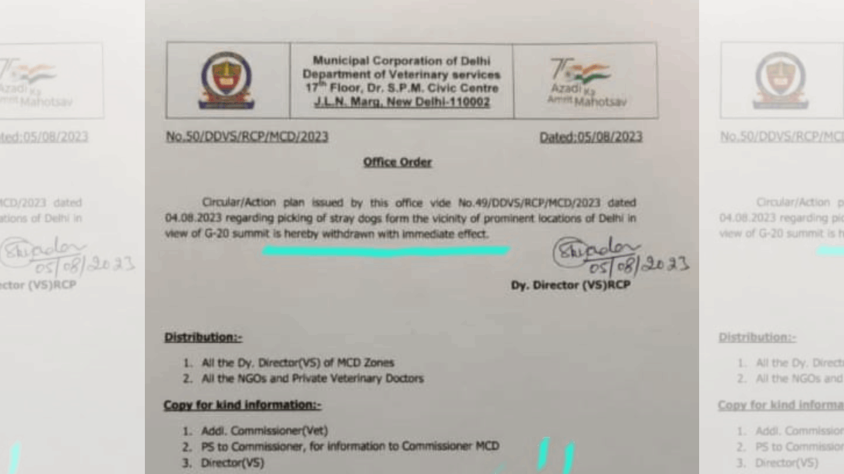 The 5 August MCD order on withdrawal of action plan on picking up stray dogs from Delhi's prominent locations.