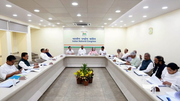 Congress President Mallikarjun Kharge along with CPP Chairperson Sonia Gandhi, party leaders Rahul Gandhi, KC Venugopal, and others at the party's Central Election Committee (CEC) meeting for the selection of candidates for the Mizoram and Chhattisgarh Assembly elections, at AICC Headquarters in New Delhi on Thursday | ANI