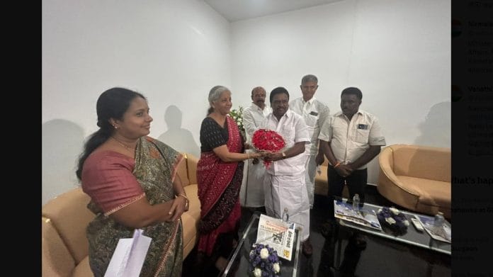 AIADMK MLAs T. K. Amulkandasami, Varadharaj Jayaraman and A.K Selvaraj meet Union Finance Minister Nirmala Sitharaman before the commencement of the Credit Outreach Programme in Coimbatore, Tamil Nadu on Tuesday | @nsitharamanoffc