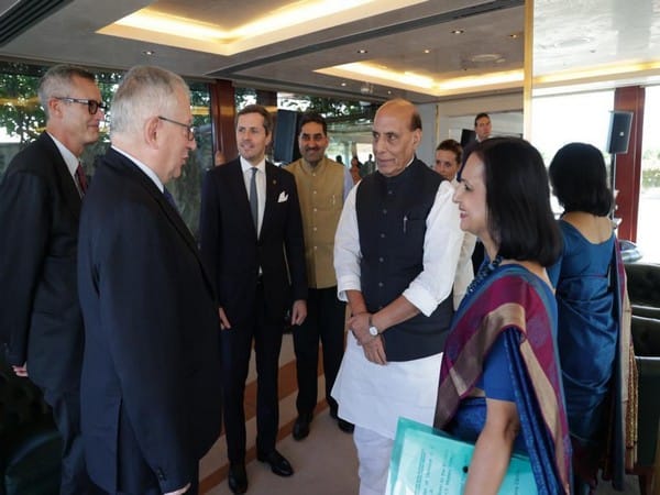 Defence Minister Rajnath Singh interacts with CEOs, top industry leaders of Italian defence companies in Rome