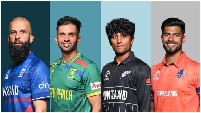 (From left) England's Moeen Ali, South Africa's Keshav Maharaj, New Zealand's Rachin Ravindra and Netherlands's Aryan Dutt | Pic courtesy: https://www.cricketworldcup.com/