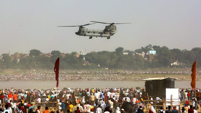 A Chinook helicopter of the Indian Air Force (IAF) during the 91st Air Force Day celebrations, in Prayagraj | Suraj Singh Bisht, ThePrint
