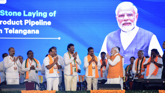 Prime Minister Narendra Modi and others at a public meeting in Mahbubnagar on Sunday | ANI
