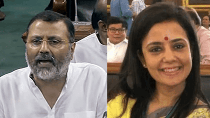 File photos of BJP MP Nishikant Dubey; TMC MP Mohua Moitra | ANI; X: @MahuaMoitra