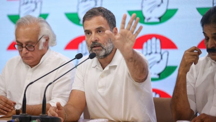 Congress leader Rahul Gandhi speaks as party leader Jairam Ramesh looks on during a press conference in New Delhi, on 31 October 2023 | Manisha Mondal/ThePrint