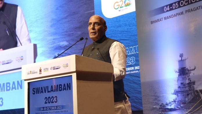 Defence Minister Rajnath Singh during plenary session of ‘Swavlamban 2.0’ in New Delhi, Wednesday | Twitter @rajnathsingh