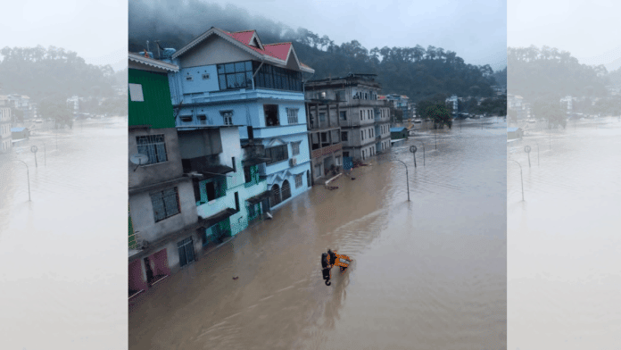 An aerial view following flash floods in Teesta River in Lachen Valley after a sudden cloud burst over Lhonak Lake in North Sikkim | ANI