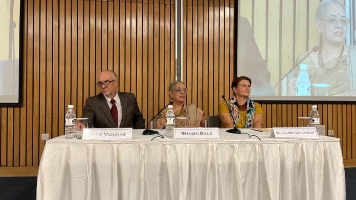 Lithuanian Sanskrit scholar Vytis Vidunas (left) professor Shashi Bala (in the middle) Lithuania's Ambassador to India Diana Mickeviciene (right) at the Indian International Center | Nootan Sharma, ThePrint