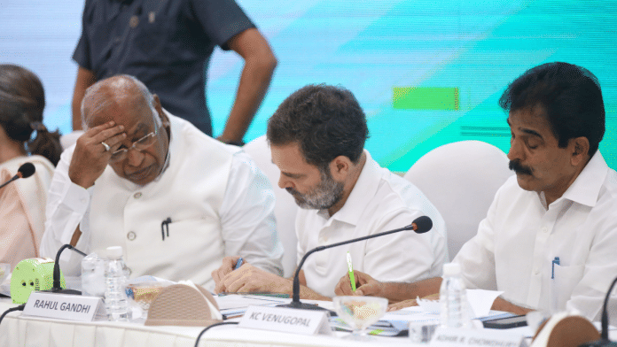 Congress leaders Mallikarjun Kharge, Rahul Gandhi and K. C. Venugopal at CWC meeting in New Delhi | Manisha Mondal | ThePrint
