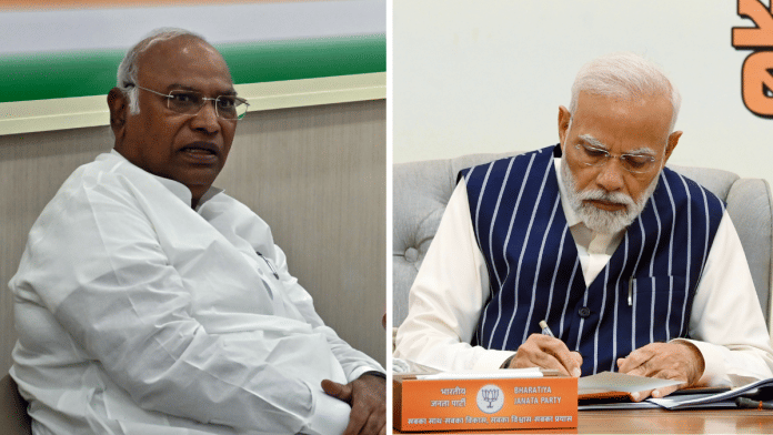 File photos of Congress president Mallikarjun Kharge and PM Narendra Modi | ANI