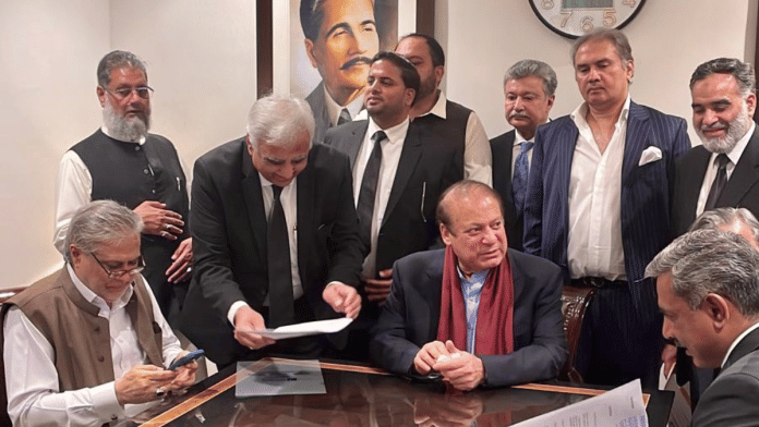 PML-N supremo Nawaz Sharif at Islamabad airport after he returned to Pakistan on Saturday | Pic credit: X/@MIshaqDar50