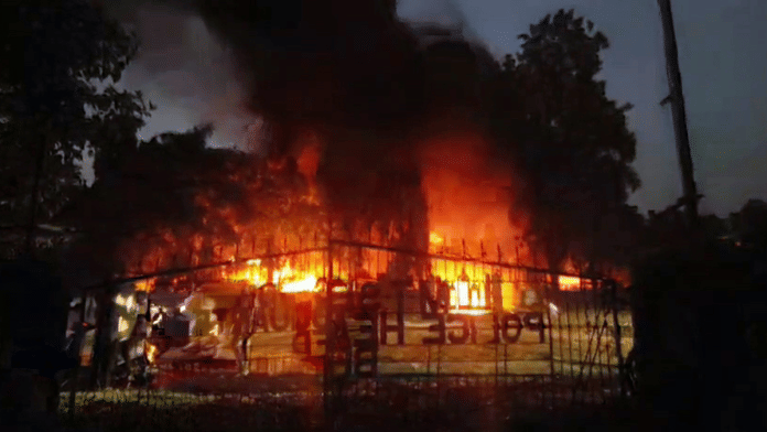 Pro-Maratha reservation protestors torch the Nationalist Congress Party's (NCP) office in Beed Monday | ANI