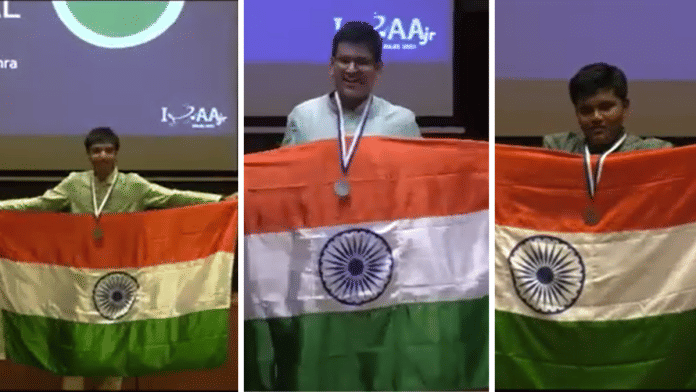 Screengrab of the winners Aarush Mishra, Siddharth Kumar Gopal and Satwik Patnaik who secured gold, silver and bronze medals, respectively.