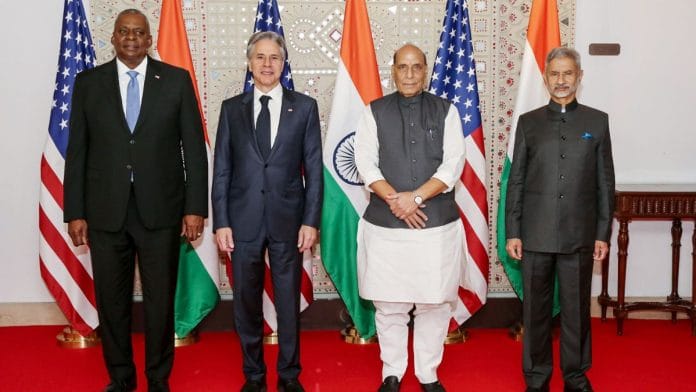 Defence Minister Rajnath Singh with External Affairs Minister S Jaishankar, US Secretary of State Antony Blinken and Secretary of Defense Lloyd Austin ahead of the 5th India-US 2+2 Ministerial Dialogue, in New Delhi, 10 November | Photo: ANI