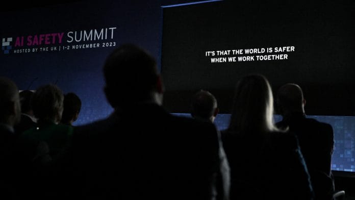 A general view during the first plenary session on Day 1 of the AI Safety Summit at Bletchley Park in Bletchley, Britain on November 1, 2023. The UK Government are hosting the AI Safety Summit bringing together international governments, leading AI companies, civil society groups and experts in research to consider the risks of AI, especially at the frontier of development, and discuss how they can be mitigated through internationally coordinated action. Leon Neal/Pool via REUTERS