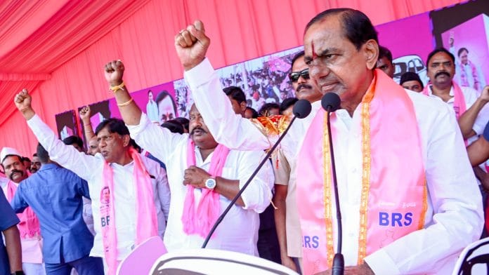 Telangana CM and BRS President K. Chandrashekar Rao addresses the Praja Ashirvada Sabha meeting ahead of the Telangana Assembly elections, in Karimnagar Friday (ANI Photo)