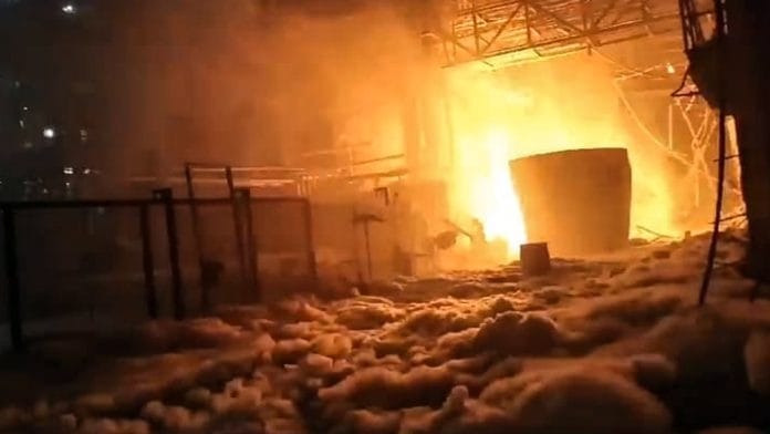 Smoke and flame billows from the chemical factory in the Sachin Gidc area where the fire broke out, in Surat on Wednesday | ANI