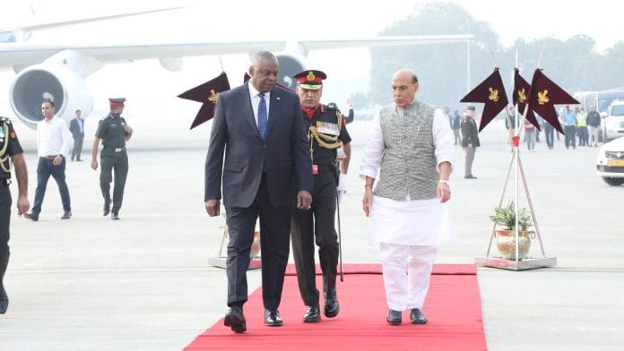US Secretary of Defense Lloyd J. Austin III with Defence Minister Rajnath Singh at Palam airport in Delhi, Thursday | X @rajnathsingh