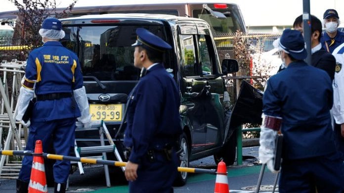 A view of the scene after a car crashed into a barricade near the Israeli embassy in Tokyo, on 16 Nov 2023 | Reuters