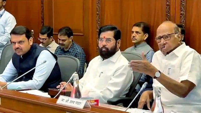 (L-R) Maharashtra Dy CM Devendra Fadnavis, CM Ekanth Shinde & NCP chief Sharad Pawar at all-party meet on demand for Maratha reservation, in Mumbai, Wednesday | ANI