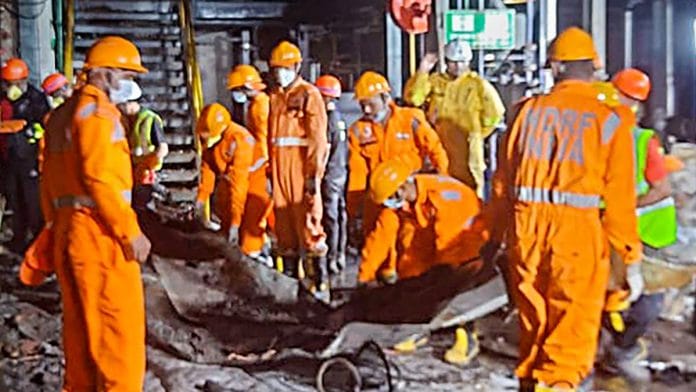 NDRF personnel during a search and rescue operation after a fire broke out following an explosion at a pharmaceutical company, in Maharashtra's Raigad district, on 4 Nov 2023 | PTI