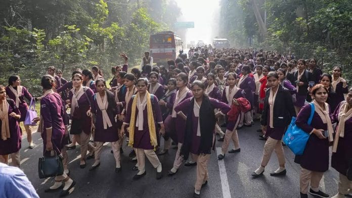 Employees of Dial 112 service protest in Lucknow Tuesday | Photo: PTI