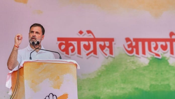 Congress leader Rahul Gandhi addresses a public meeting at BTI Ground, in Satna district, on 10 Nov 2023 | PTI