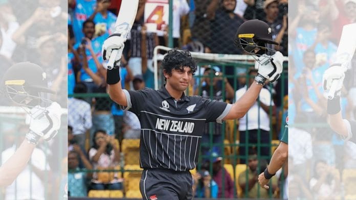 Rachin Ravindra celebrates his century during match against Pakistan at Chinnaswamy Stadium in Bengaluru on 4 November | ANI/Seshadri Sukumar