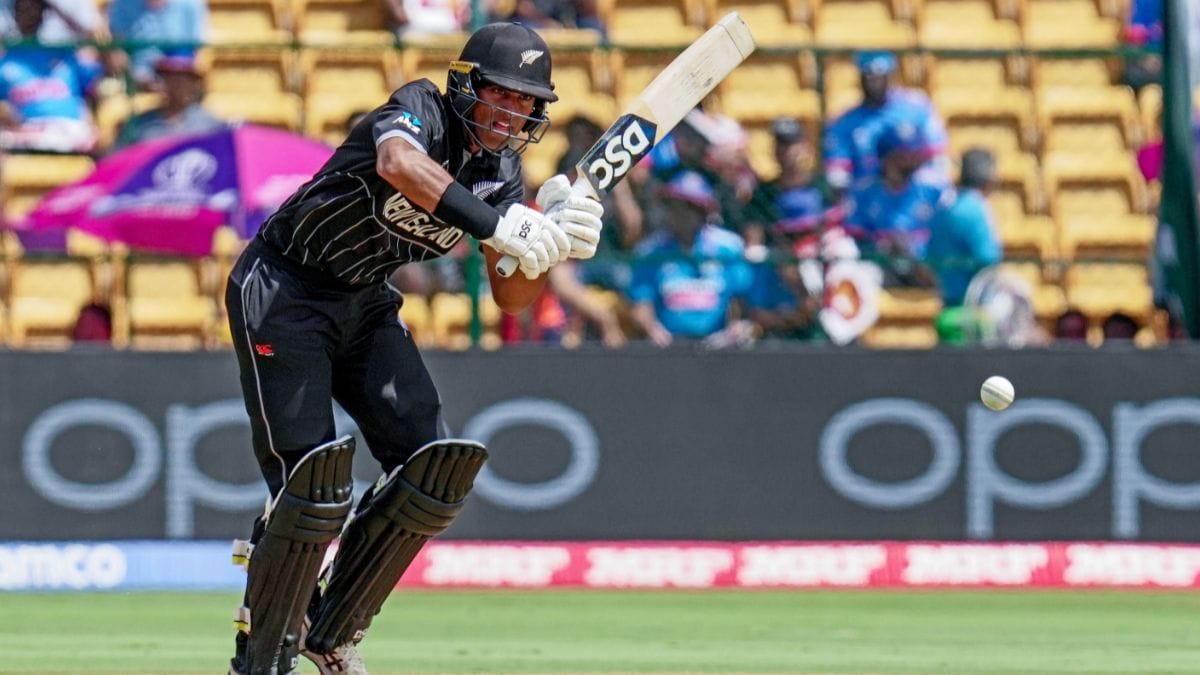 Rachin Ravindra plays a shot against Pakistan at Chinnaswamy Stadium in Bengaluru on 4 November | ANI