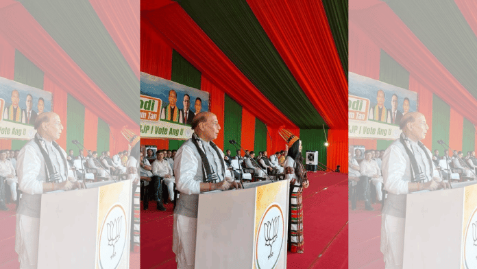 Union Defence Minister Rajnath Singh campaigns for the BJP in Mamit constituency in Mizoram, Wednesday | Isaac Zoramsanga | ThePrint