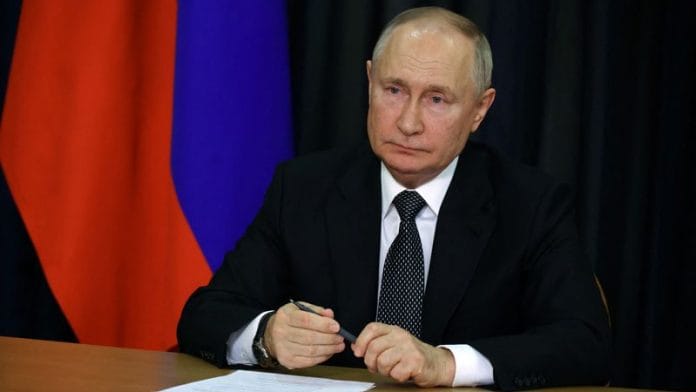 Russian President Vladimir Putin attends a plenary session of the World Russian People's Council, dedicated to the 30th anniversary of the founding of the organisation, via video link in Sochi, Russia November 28, 2023. Sputnik/Mikhail Klimentyev/Kremlin via REUTERS/File photo