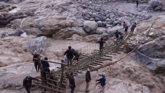File photo of civilians being rescued via a ropeway made by Indo Tibetan Border Police (ITBP) team at Chungtham, North Sikkim | Photo by special arrangement