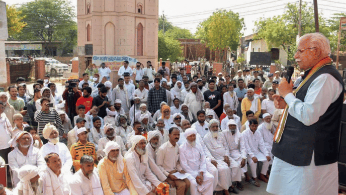 File photo of Haryana Chief Minister Manohar Lal Khattar addressing the gathering on the second day of his Jan Samvad programme during a visit to Palwal | ANI