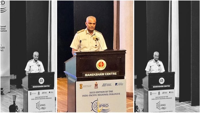 Admiral R. Hari Kumar delivers commemorative address at Indo-Pacific Regional Dialogue (IPRD) in New Delhi on Wednesday | Pic courtesy: X/@nmfindia