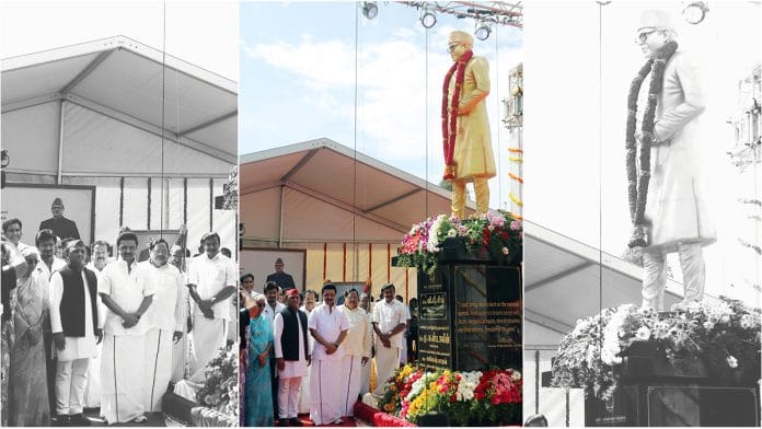 Tamil Nadu Chief Minister M.K. Stalin and Samajwadi Party president Akhilesh Yadav unveil the statue of former Prime Minister V.P. Singh, at Presidency College in Chennai Monday | ANI