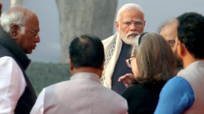 Prime Minister Narendra Modi, Congress President Mallikarjun Kharge, Sonia Gandhi and others during a tribute ceremony to pay homage to those who lost their lives in the 2001 Parliament attack on its anniversary, at the Samvidhan Sadan, in New Delhi | Praveen Jain | ThePrint