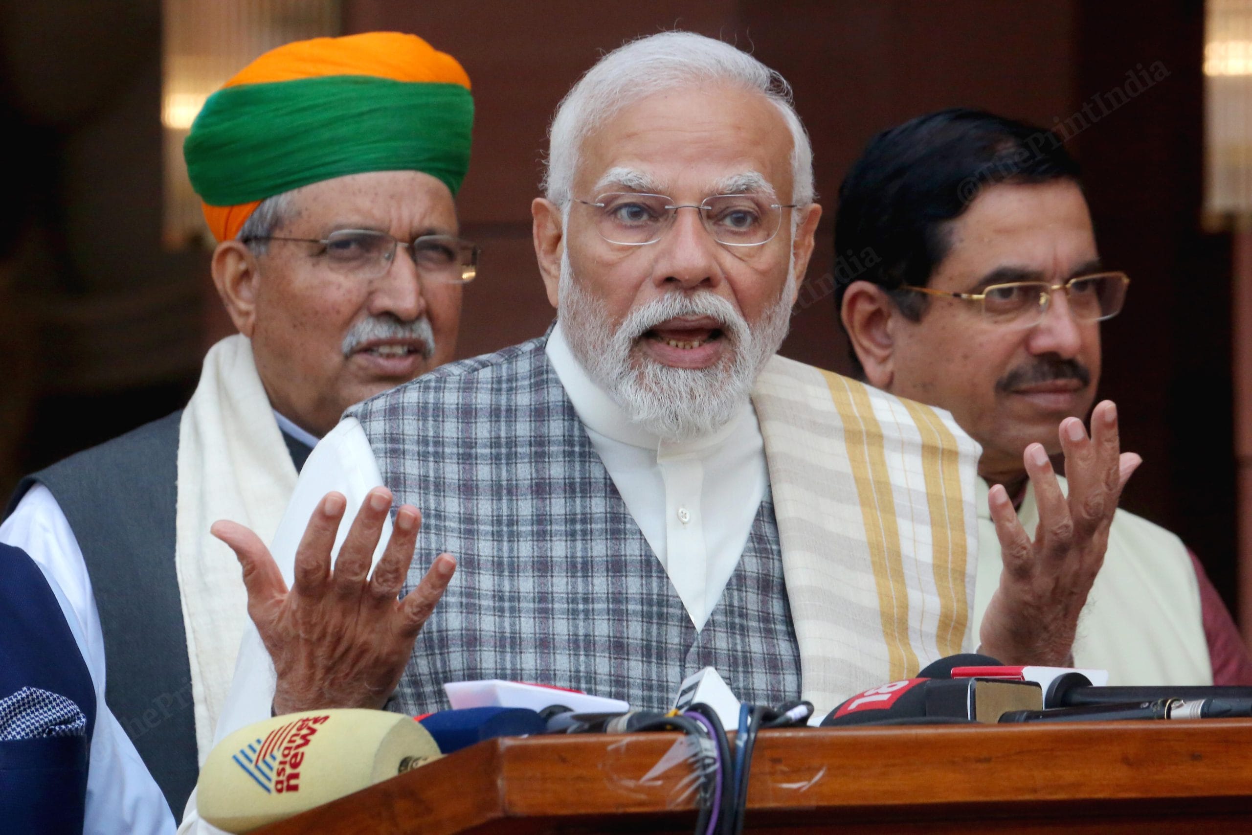 Prime Minister Narendra Modi addresing media outside Parliament on the first day of the Winter session | Praveen Jain | ThePrint