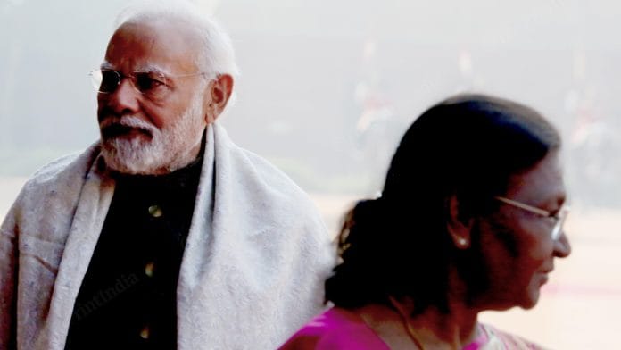 President Droupadi Murmu with Prime Minister Narendra Modi during the Ceremonial Reception at Rashtrapati Bhavan | Praveen Jain | ThePrint